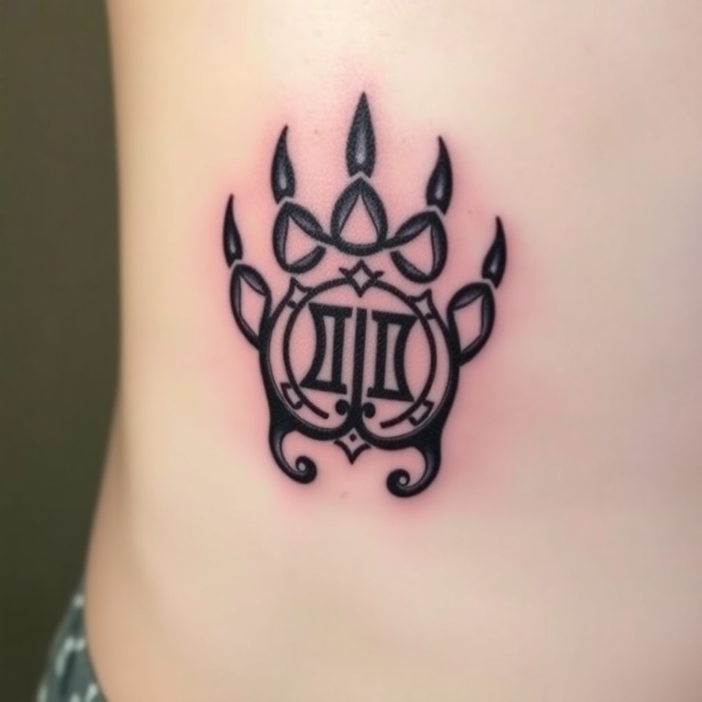 A German Celtic  bear paw tattoo with an alpha symbol on the intwined with a Gemini symbol in the center  placed on the right front pec