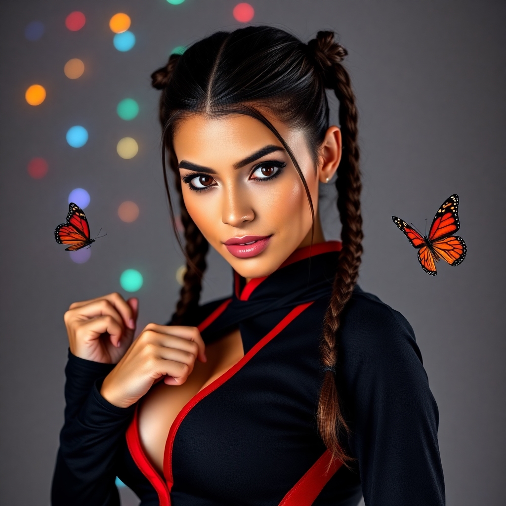 Beautiful Mexican American woman with thin, long face, hazel eyes and large full lips and brown hair parted down center and long pigtails that are thin and tightly braided on the top sides of her head, wearing sexy black with red trim ninja suit with cleavage, with her right hand up in a tight fist, turned slightly to the left, at right side of image with 1 inch of space to left of woman, with small multi-colored led lights behind her. Two butterflies on each side of her, with 1 inch of space above woman.