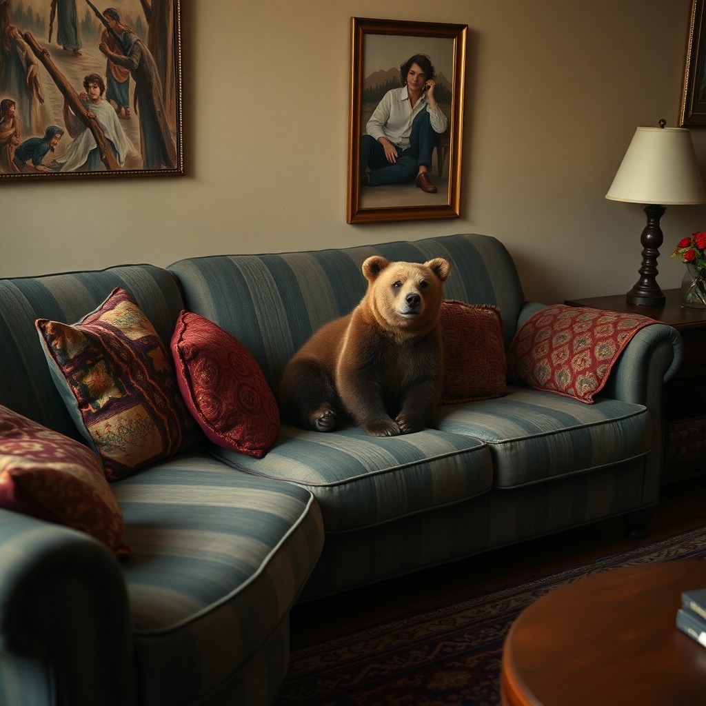 photograph, candid shot, famous randomly couch and randomly finished with randomly bears, center point for bear, Use camera is Canon EOS 5D Mark IV with a Canon EF 24mm f/1. 4L II USM lens, set at aperture f/2. 8 for a depth of field that highlights the furniture clean lines with rich and many detail, randomly color and finished, soft ambient light, studio light setting, ultra realistic, UHD, many details