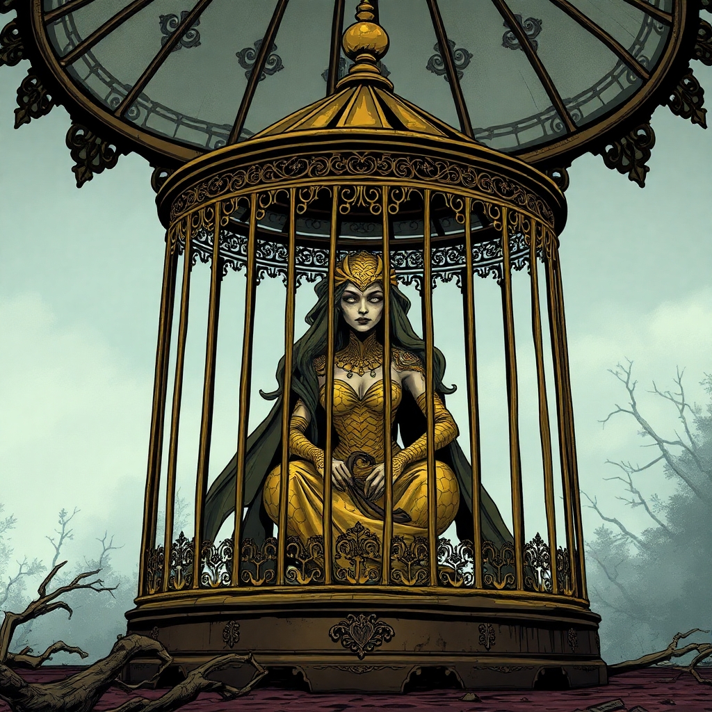 inside a half-standing pavilion. A once-beautiful noblewoman—now mutated with golden scales and blind white eyes—sits in a gilded cage that seems untouched by decay. Art style should be comic gothic.