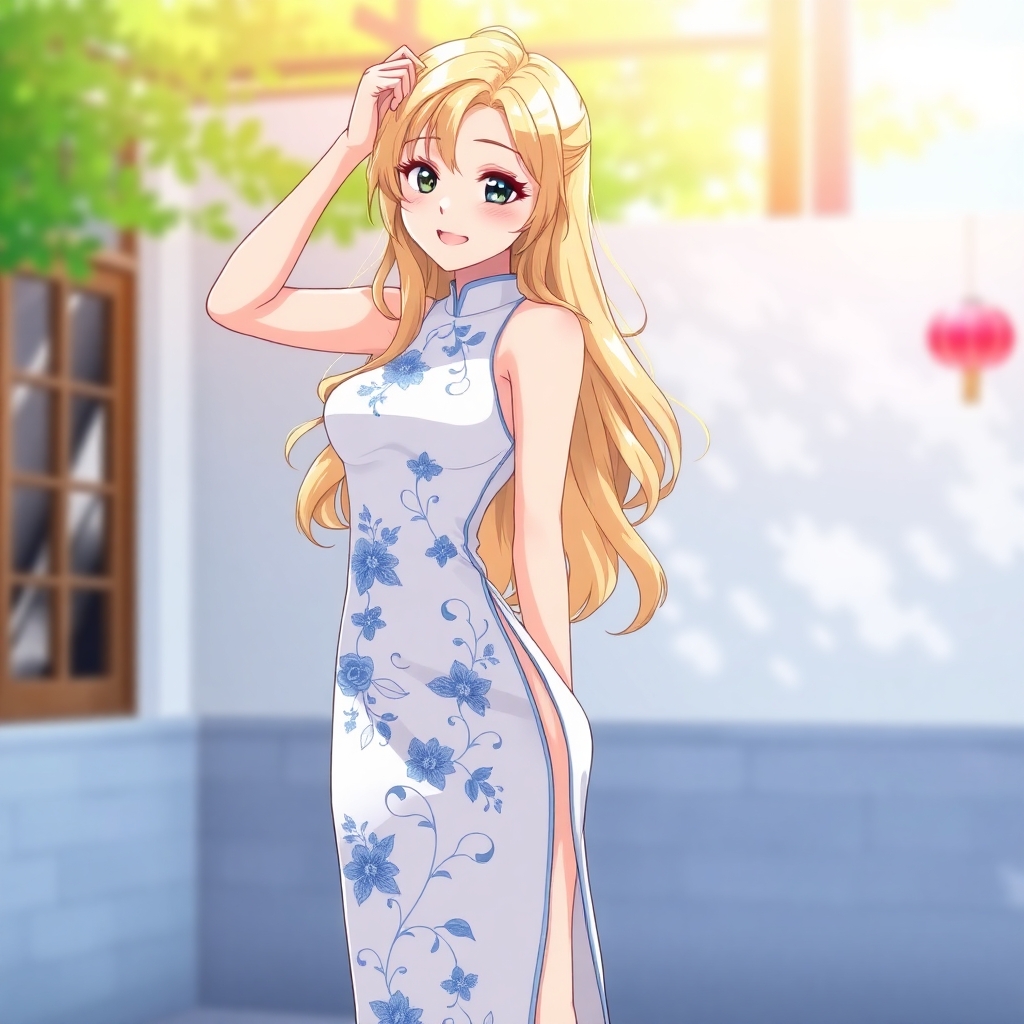 cheerful young woman with long, wavy blonde hair, standing outdoors in a sunny setting. She is wearing a form-fitting, sleeveless white cheongsam dress with blue floral embroidery and high slits on both sides, revealing her hips and legs. She poses confidently with one hand on her hip and the other raised to her head,