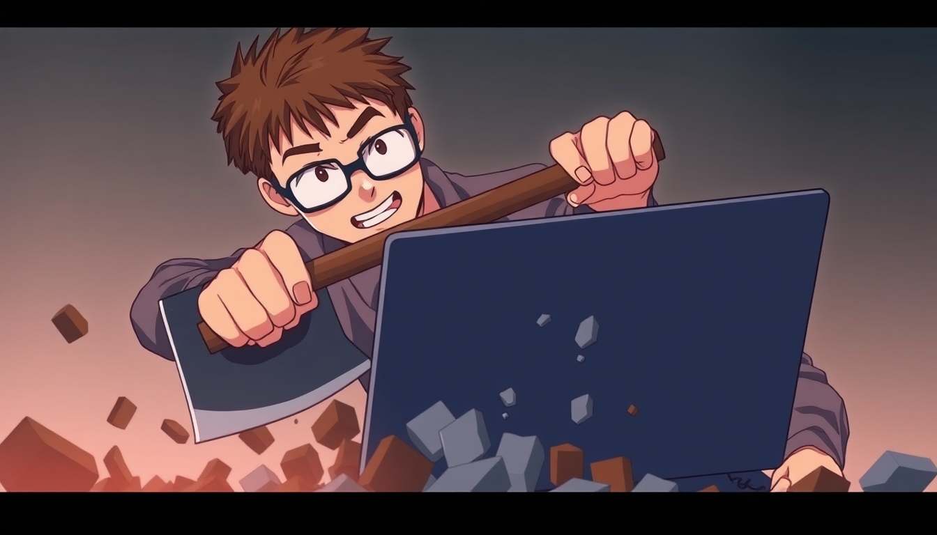 A software developer with short brown hair and glasses smashing his laptop with an axe. the laptop is broken into pieces.