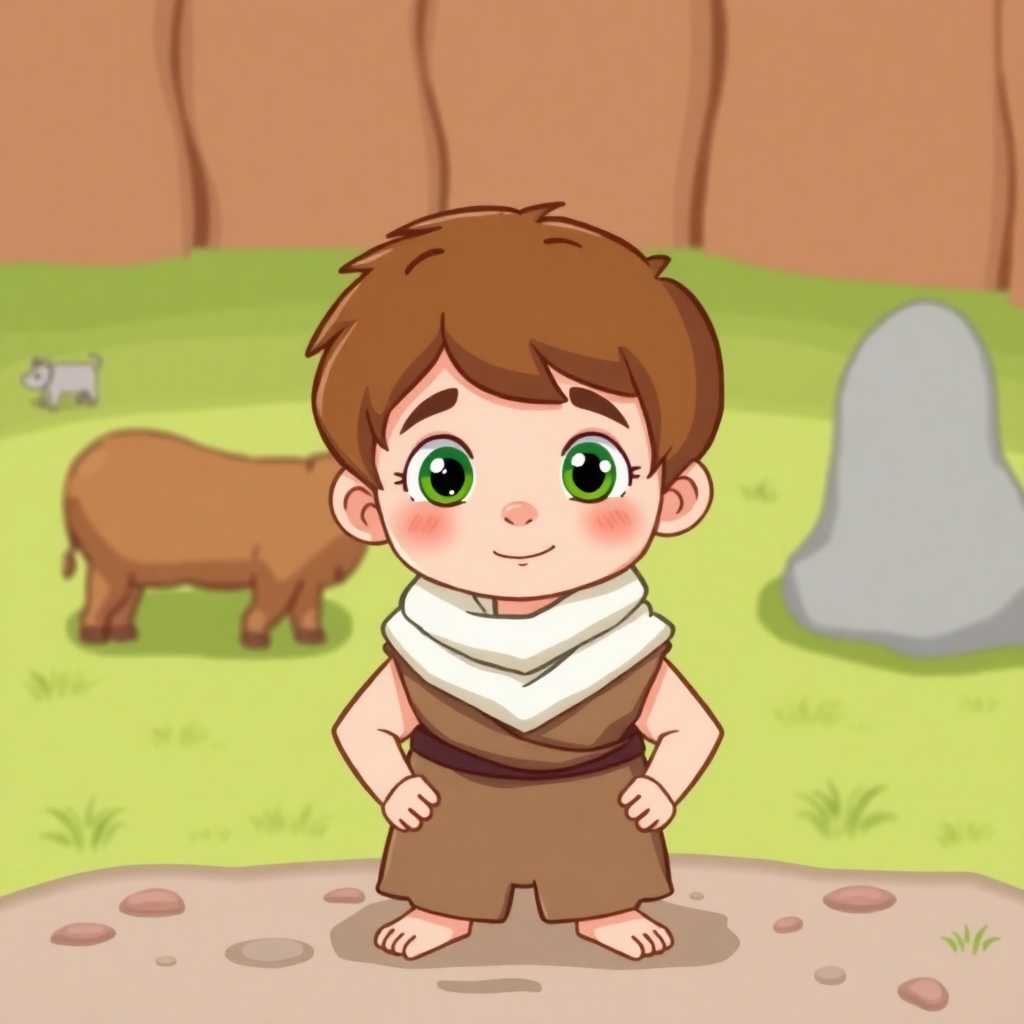 a cartoon drawn little boy with brown hair and green eyes at age 11 on a farm. This is for a children's book so make him cute, innocent and likeable for the reader to look at. I would like the same character doing the following: wearing caveman time period clothes. https://www.imagiyo.com/images/mxkaz6Y5aJ0P/view