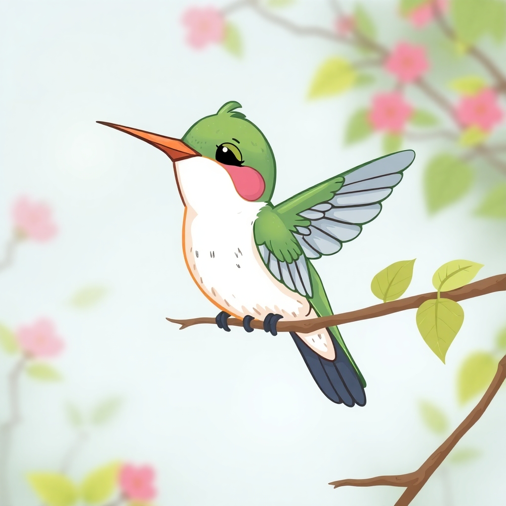 Please create a cartoon drawing  a very weak looking hummingbird.  Make her look very sad but likeable for the reader of a children's book.