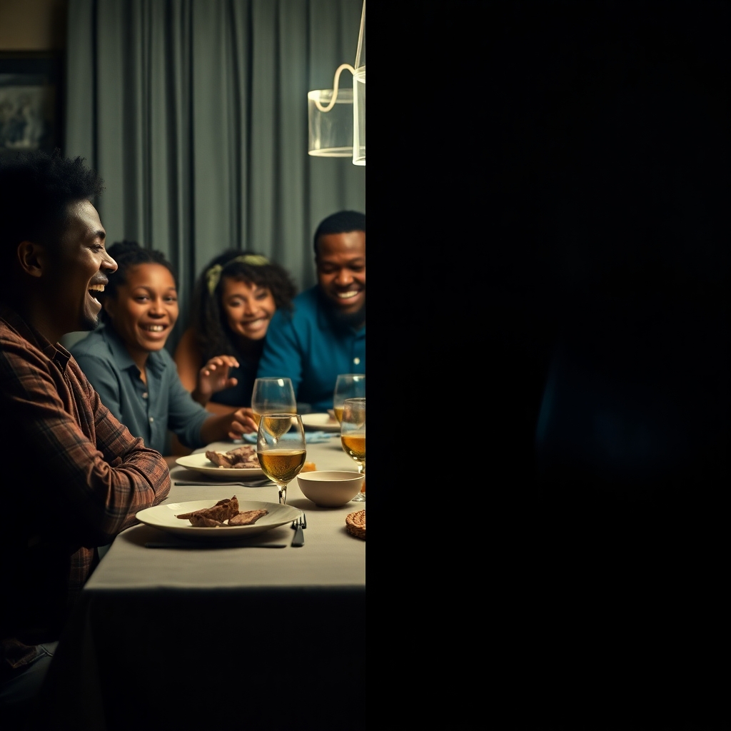 A split-image concept of a black family: On the left, a family laughing at a dinner table. On the right, a dimly lit, empty chair at the same table (symbolizing loss) Make sure the chair is visible.