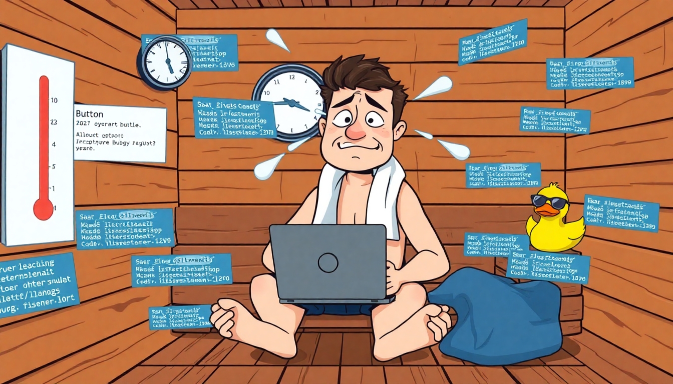 **Image Prompt for Feature Image:**  A cartoon-style illustration of a software developer sitting in a wooden sauna, sweating profusely, surrounded by floating lines of buggy code and error messages. The developer looks both frustrated and amused, with a towel around their neck and a laptop balanced on their knees. In the background, a thermometer is maxed out and a rubber duck (a classic debugging mascot) wears sunglasses. The overall vibe is lighthearted and playful, clearly blending the themes of sauna heat and the "sweat" of debugging code.