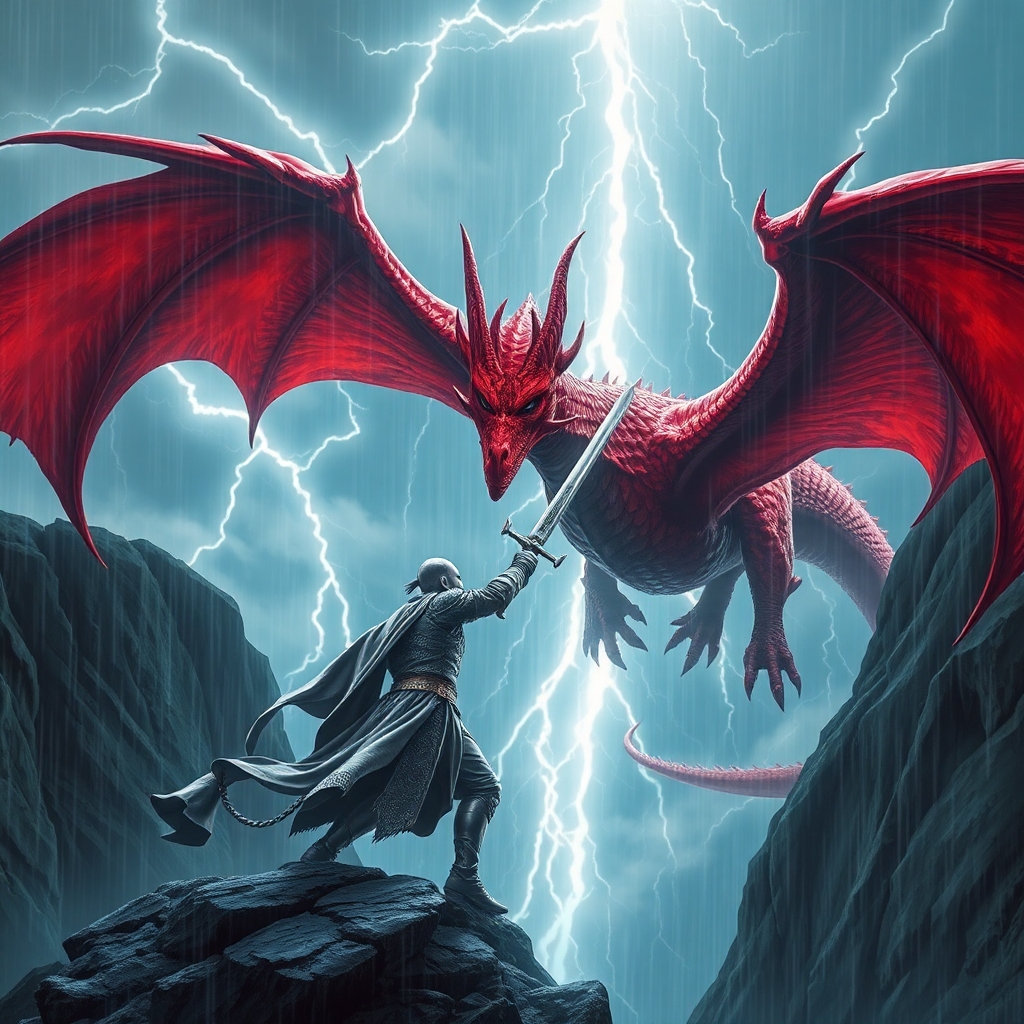 Can you create an image a full plata paladin fighting a red dragon in a Cliff, a rainy sky with Powerful lightning bolts in the image behind him up in the sky while he is attacking the dragón with a holly long sword, te dragon is trying to prevent him from passing