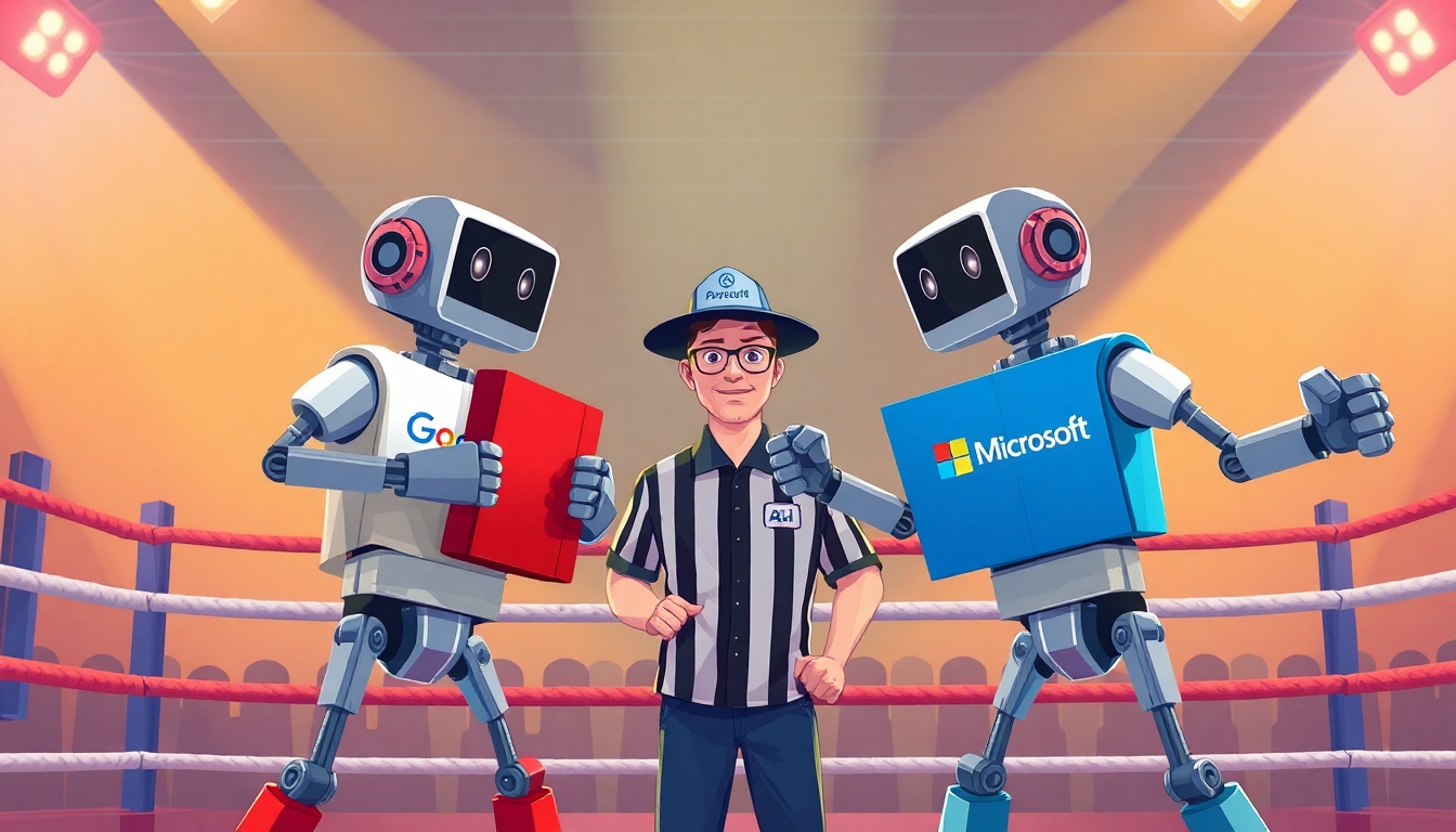 Illustrate a dynamic scene of “Rock 'Em Sock 'Em Robots” robots in a boxing ring. One robot wears a Google t-shirt, the other wears a Microsoft t-shirt. Both robots wield notebook binders as weapons instead of using their fists. The binder one robot has is red, the binder the other robot has is blue. A third robot, acting as the referee, wears a Perplexity-branded hat. The setting is vibrant and playful, emphasizing a friendly competition between the two tech giants, with clear branding on the robots and the referee. The style should be engaging and suitable for a professional blog post about AI productivity tools. It is important that the words Google and Microsoft are spelled correctly on the T-Shirts and Perplexity.ai on the referee’s hat.