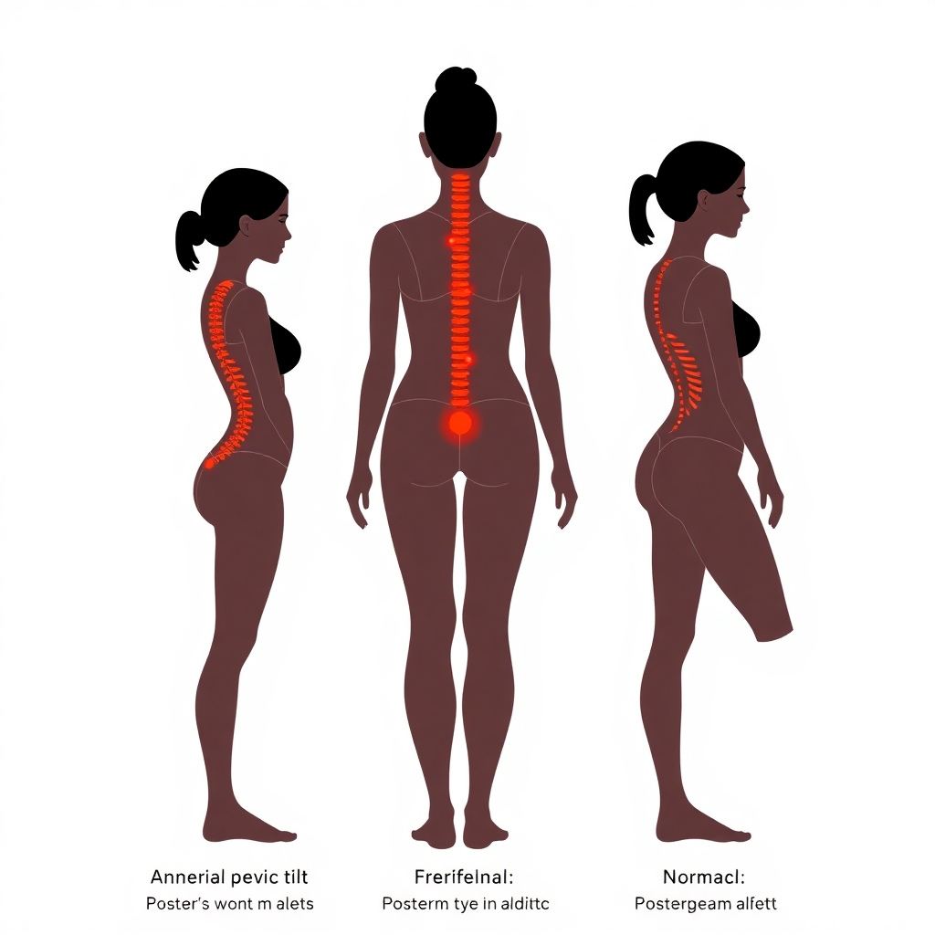 Create an image showing posture alignments in females showing 3 different categories: anterior pelvic tilt with excessive arching of the lower back, Posterior pelvic tilts with the butt tucked  under and the rounding of the upper back and shoulders with a bit of forward head posture, and normal optimal posture
