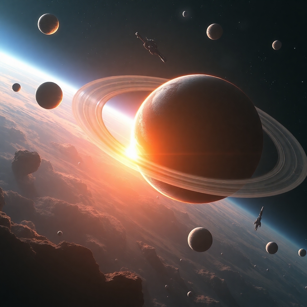 I want to see an epic space battle over several planets and several moons at least one of which has rings around the planet I want one side to be clearly winning and some sort of quasar explosion happening within the scene