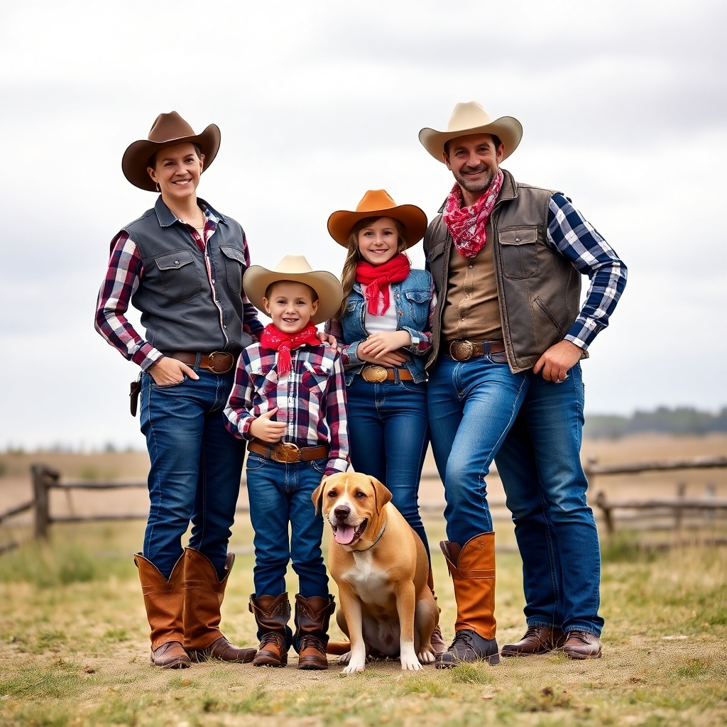 A high quality photo image of a family of four, Man, Woman, two kids, dressed as cowboys, with a dog by their side
