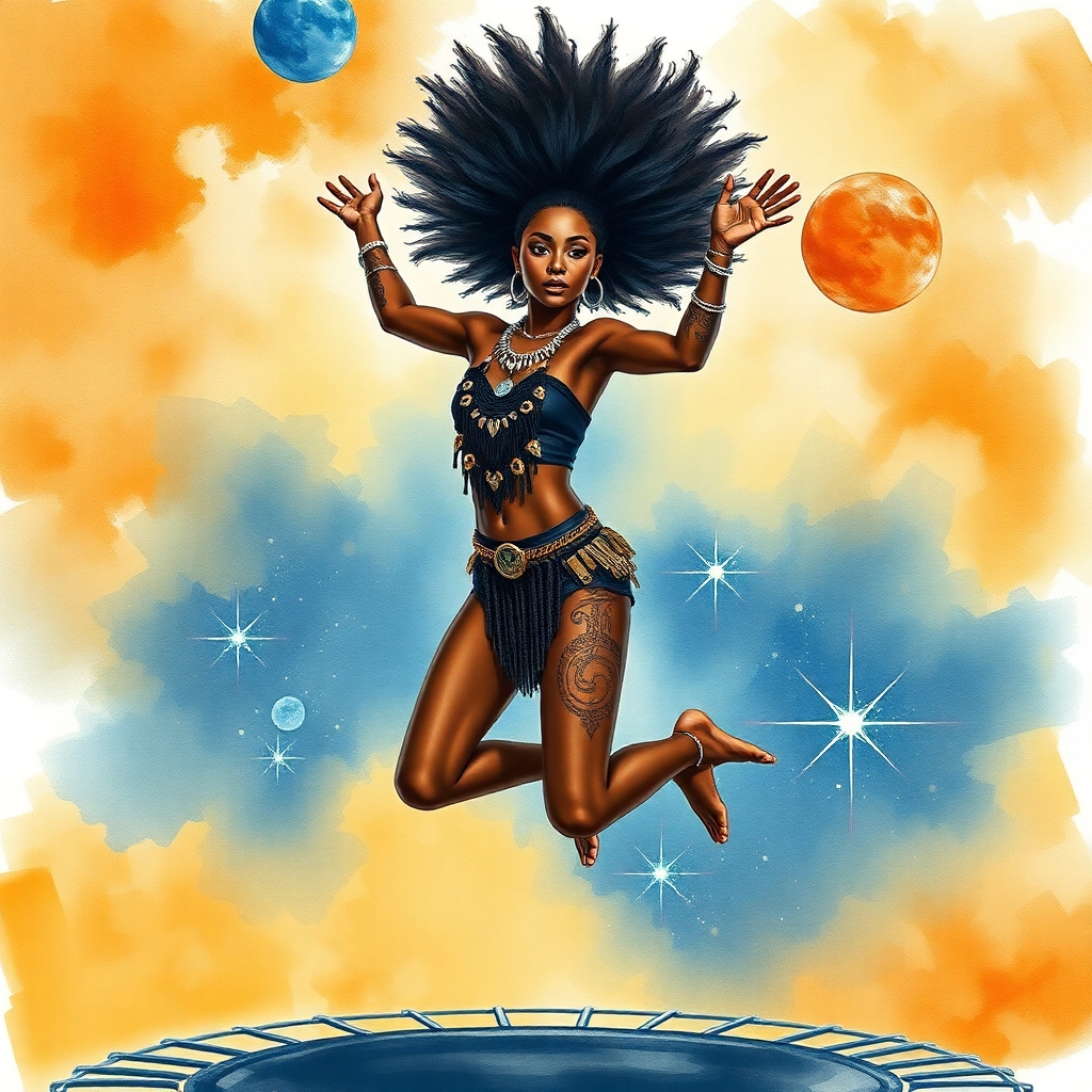 Create a 21 year old female.  Her skin tone is dark. Base her off of actress Nathalie Emmanuel.  She is jumping on a trampoline in outer space . This is a painted watercolour. She has a straightened light but high Afro. She has tribal  tattoos and bone accessories  and jewelry.