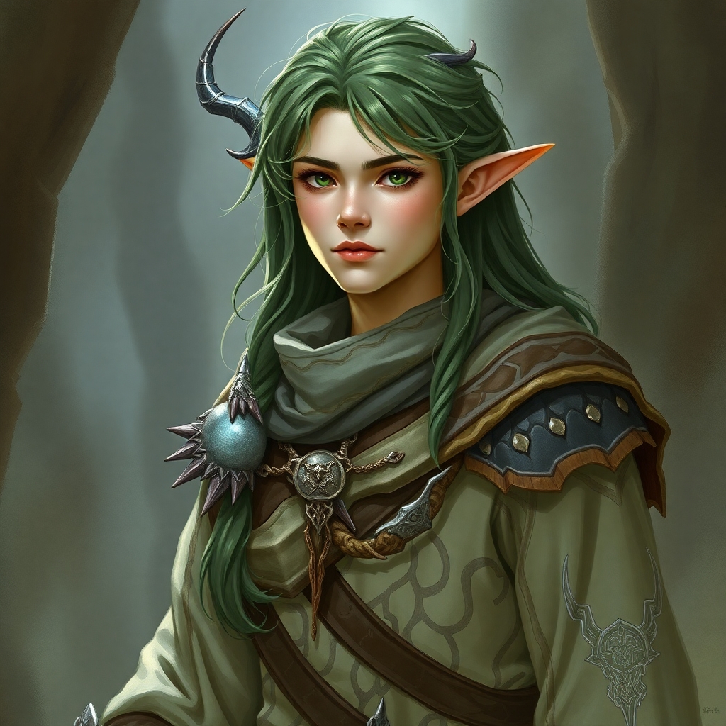 A fifth-edition dungeons and dragons characer who is a young male eladrin wildshape druid.