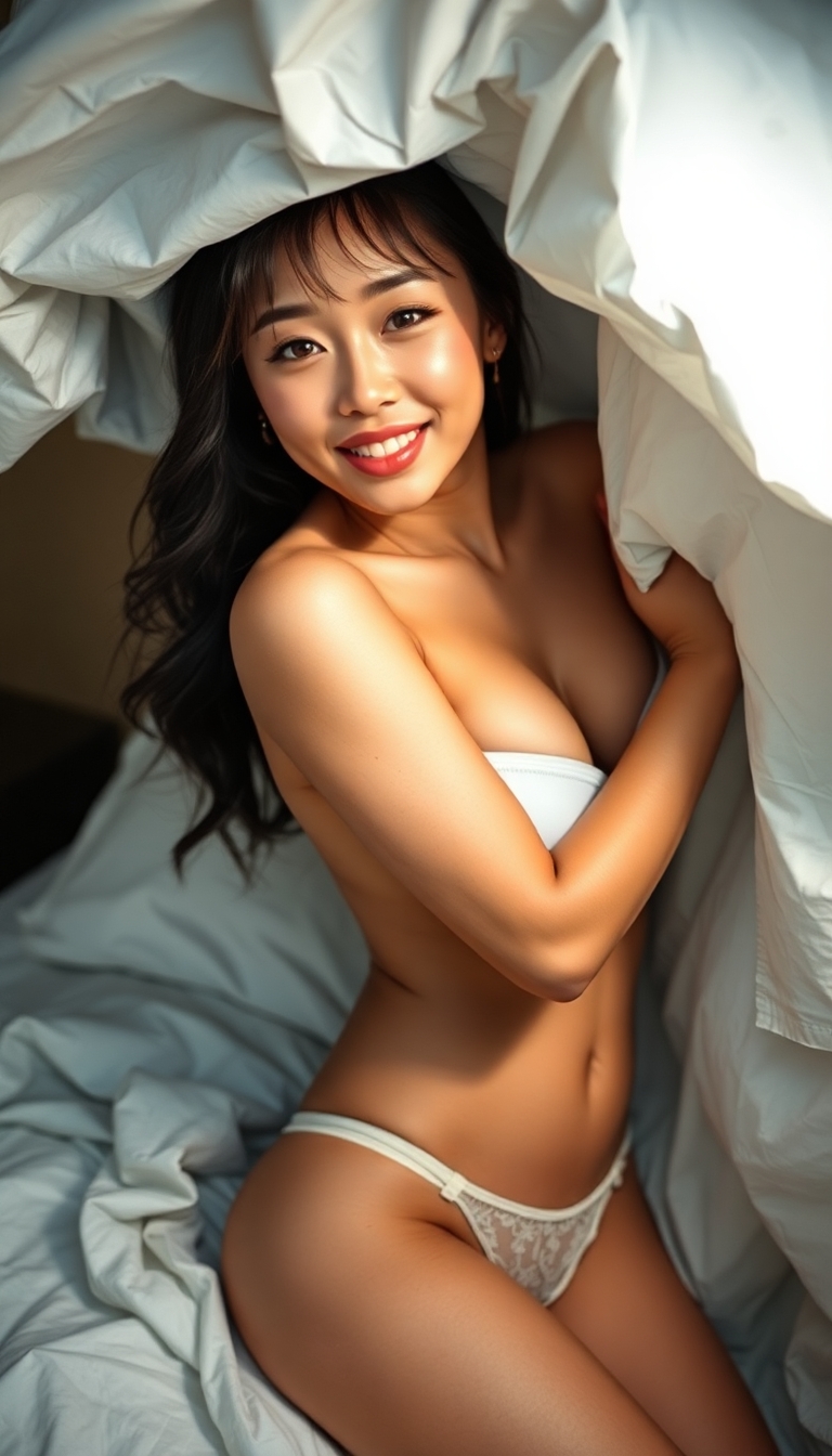 A Petite Korean American Cosplayer under rumpled hotel bedsheet, only eyes, bare shoulder, and curve of hips visible, sheet slipping just low enough to show sheer thong, playful wink and biting lip, overhead hotel light casting shadows across curves, photoreal —ar 9:16