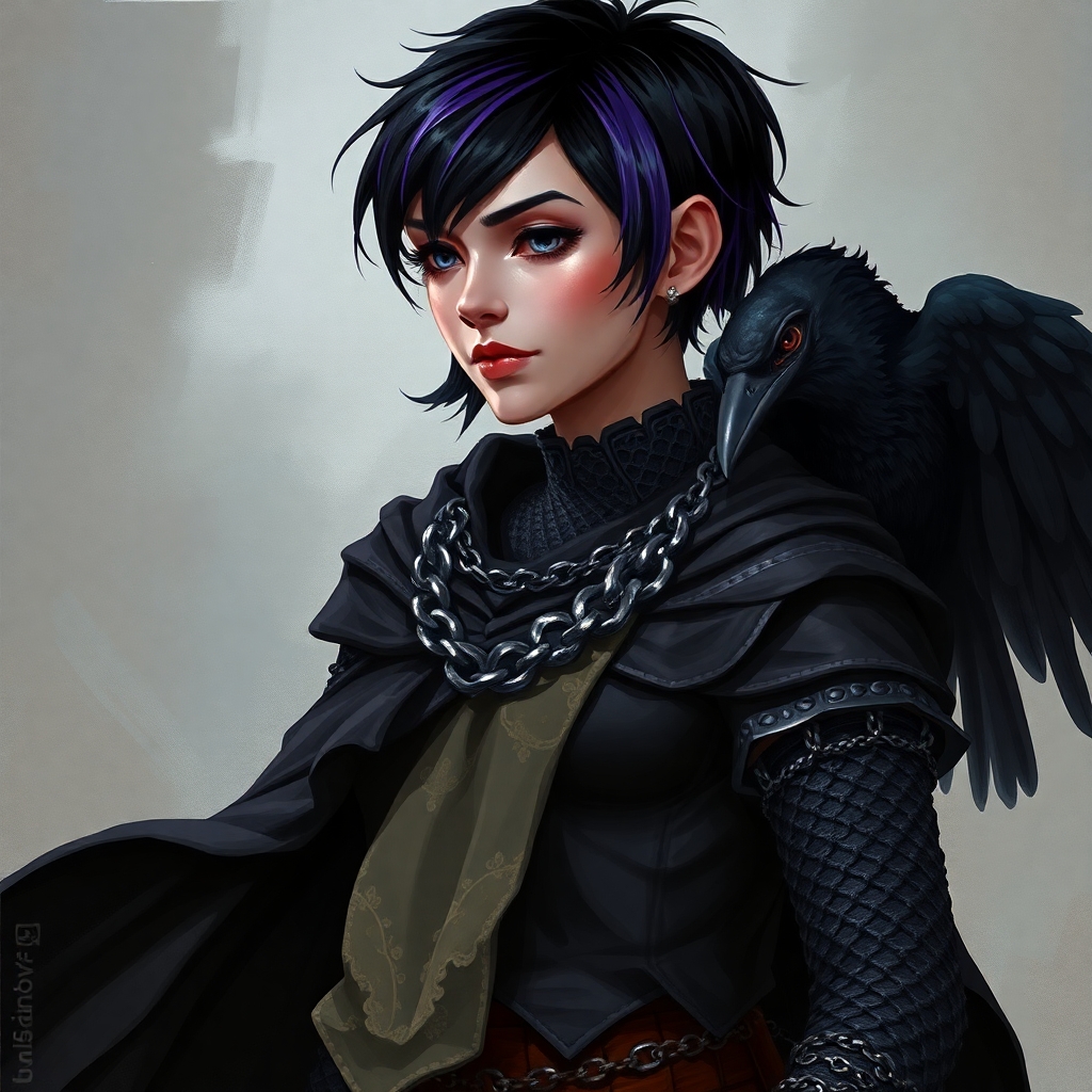 A 5E dnd character who is a half-elf cleric and warlock sworn to the mother of shadows. She wears chain mail, is slightly androgynous, has short black hair with purple streaks, and has a shadowy raven familiar.