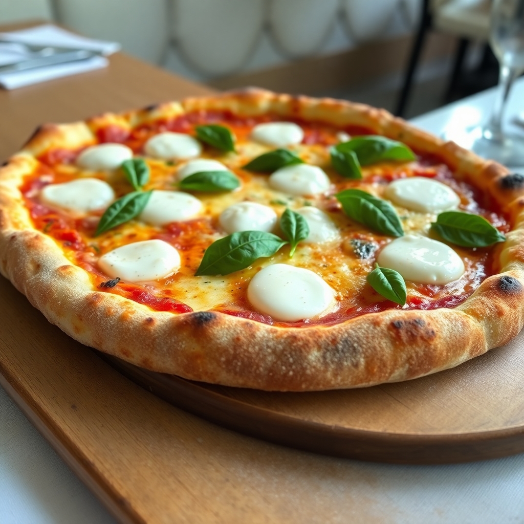 Fresh pizza with mozzarella and basil, on a baking stone in a Roman restaurant