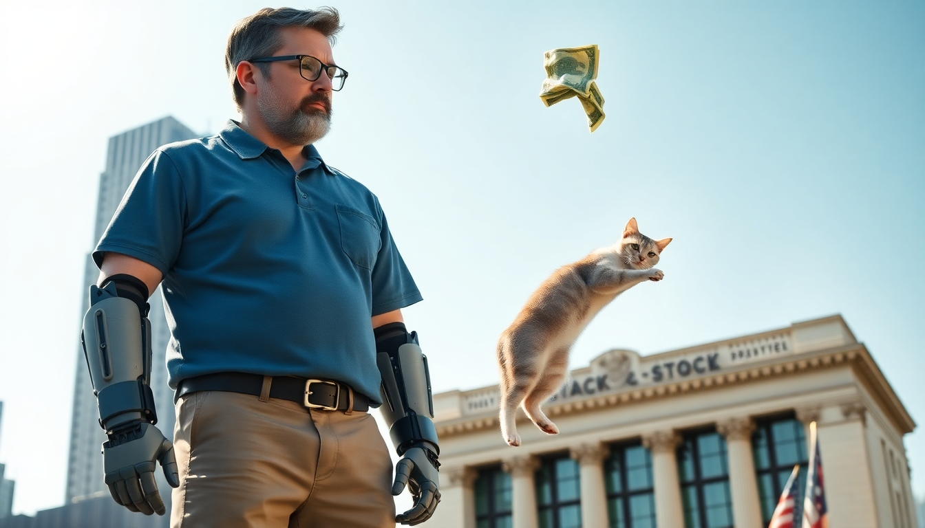 A robot and a man stand side by side on top of the New York Stock Exchange building. The man, with black hair streaked with grey and a thin salt-and-pepper beard, wears glasses, a blue polo shirt with a pocket, and khaki pants. He has just released a bag of money, and the robot has simultaneously dropped a cat. Both watch curiously as the money and the cat fall against a bright natural light backdrop, capturing a moment filled with intrigue and wonder.