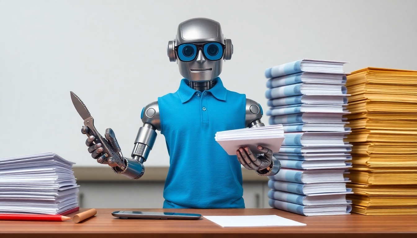 A metal robot wearing eyeglasses, wearing a blue polo shirt, stands facing forward at a cook's chopping table. On the robot's right is a taller pile of bound notebooks, and on the left is a smaller, neatly stacked pile of paper. The robot holds a multi-function tool, similar to a Swiss Army knife or Leatherman multi-tool, in its left hand and a binder from the notebook pile in its right hand. The robot's hands are blurred, indicating rapid movement as it swiftly reduces the binders into simple paper.