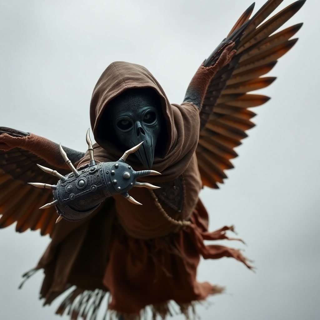 Create a photo image of an indigenous girl wearing a plague mask, wings and cloak. She is in a from air in mid flight flying attack pose.  She is wearing a single multi bladed gauntlet glove with all kinds of scary hooks and deadly metal bits on her left hand that she uses as her weapon.   Her plague mask covers only half her face