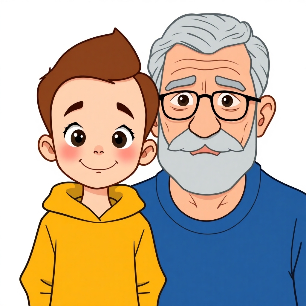 a cartoon drawn little boy with brown hair and his grandfather with short gray hair clean shaven from the front view looking forward into the camera. https://www.imagiyo.com/images/mxkaz6Y5aJ0P/view