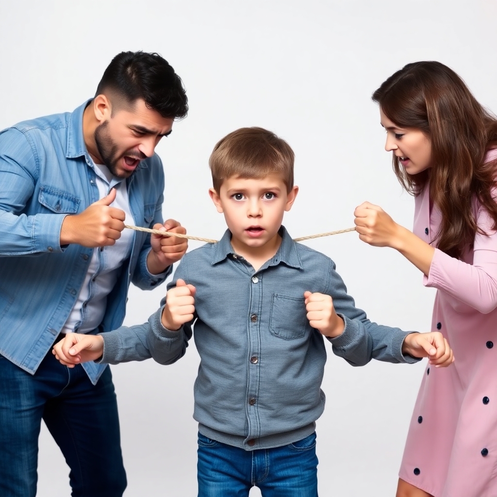 angry divorcing parents each pulling a 10 year old son in opposite directions. child looks scared. minimal background.