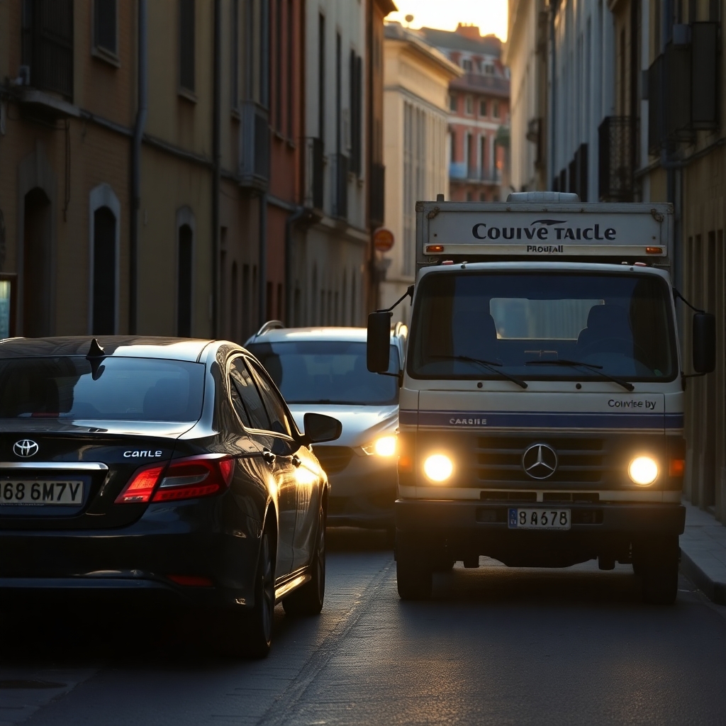 Traffic accident between a black car and a small truck, narrow street with old buildings, sunset lighting