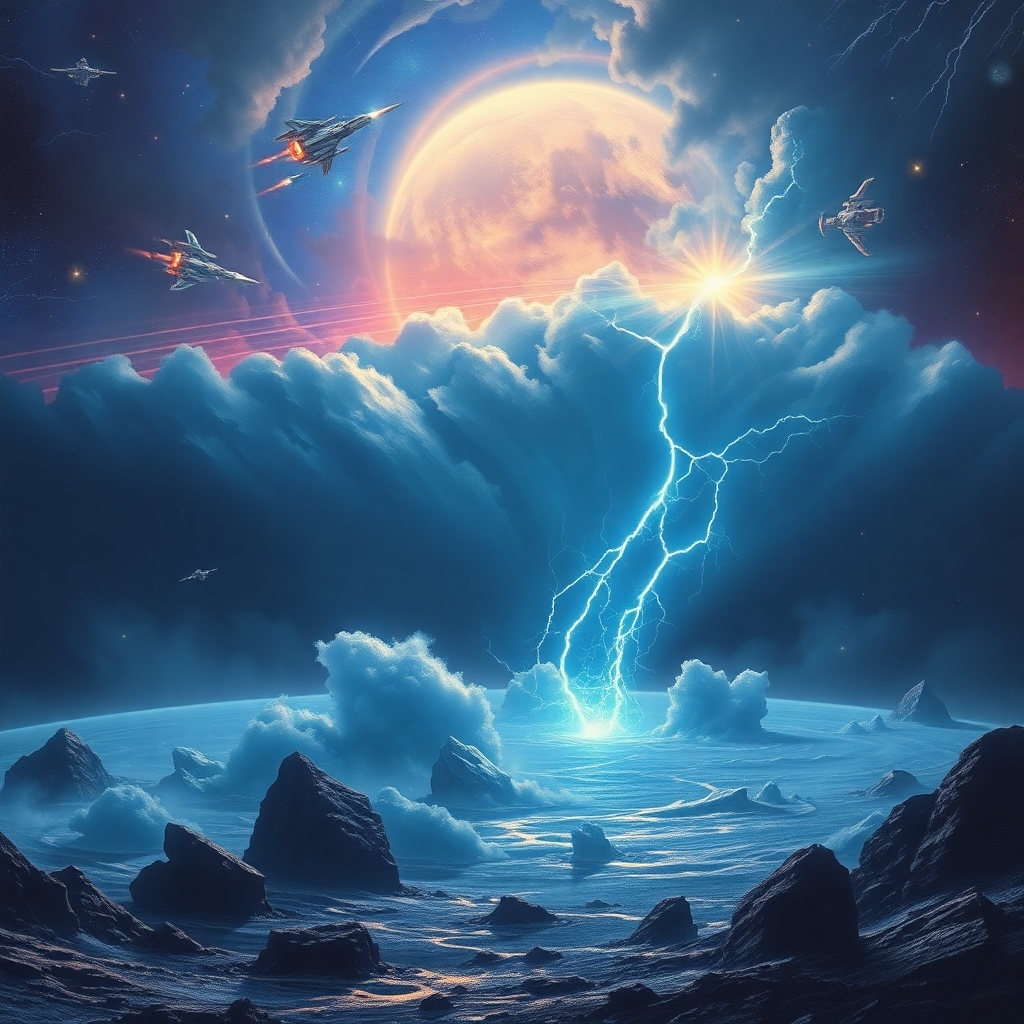 a perfect storm on a blue planet in a galaxy far far away while a space battle happens in the background