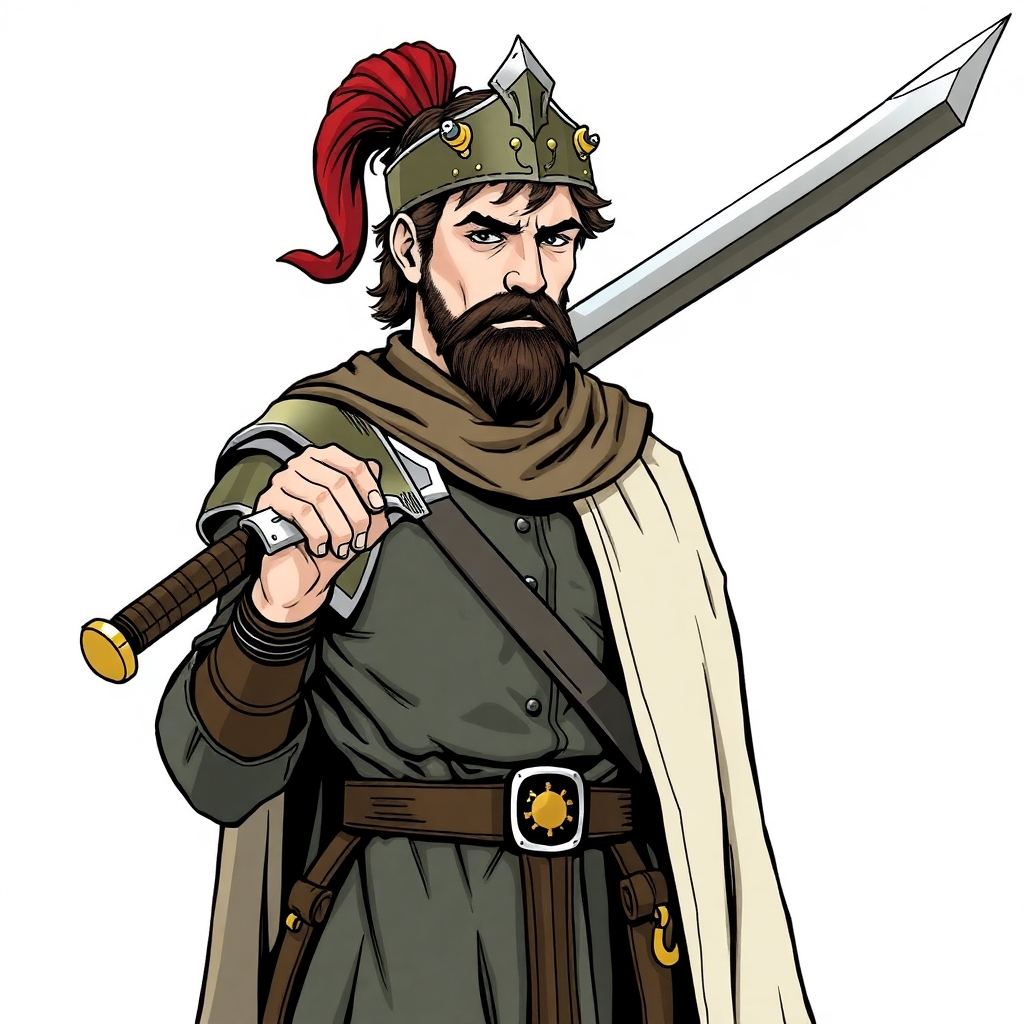 A warhammer fantasty Knight of Ostermark. Young and dressed in clothing similar to that of the Holy Roman Empire. He is carrying a long Flamberge sword over his shoulder. Drawn in comic style. He should have a goatee and long moustache..