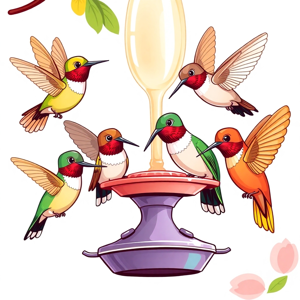 a cartoon drawing of several different colored, very happy beautiful hummingbirds enjoying nectar from several feedershummingbird.