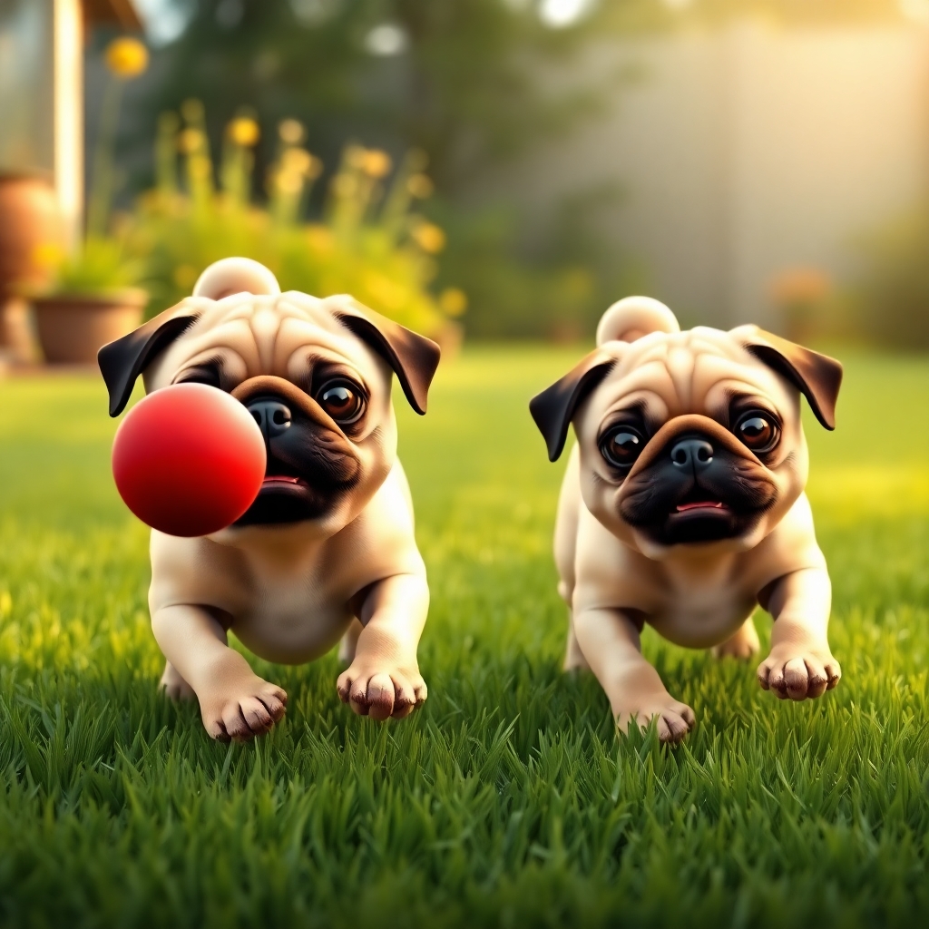 Two pugs, both fawn colored, playing in a grass filled back yard, chasing a red ball one pug is slightly larger than the other