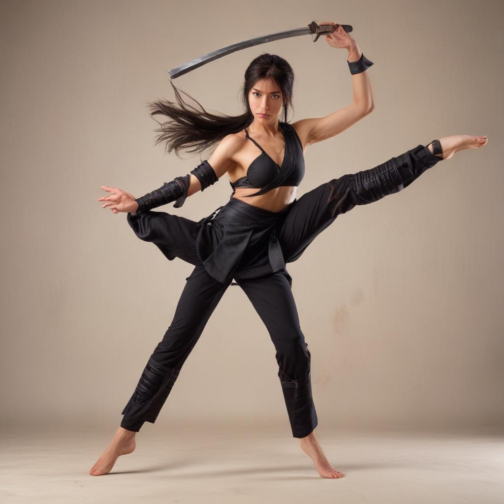 Create a full body female ninja in sword action. She is barefoot performing a high kick move and topless with breast that are defying gravity