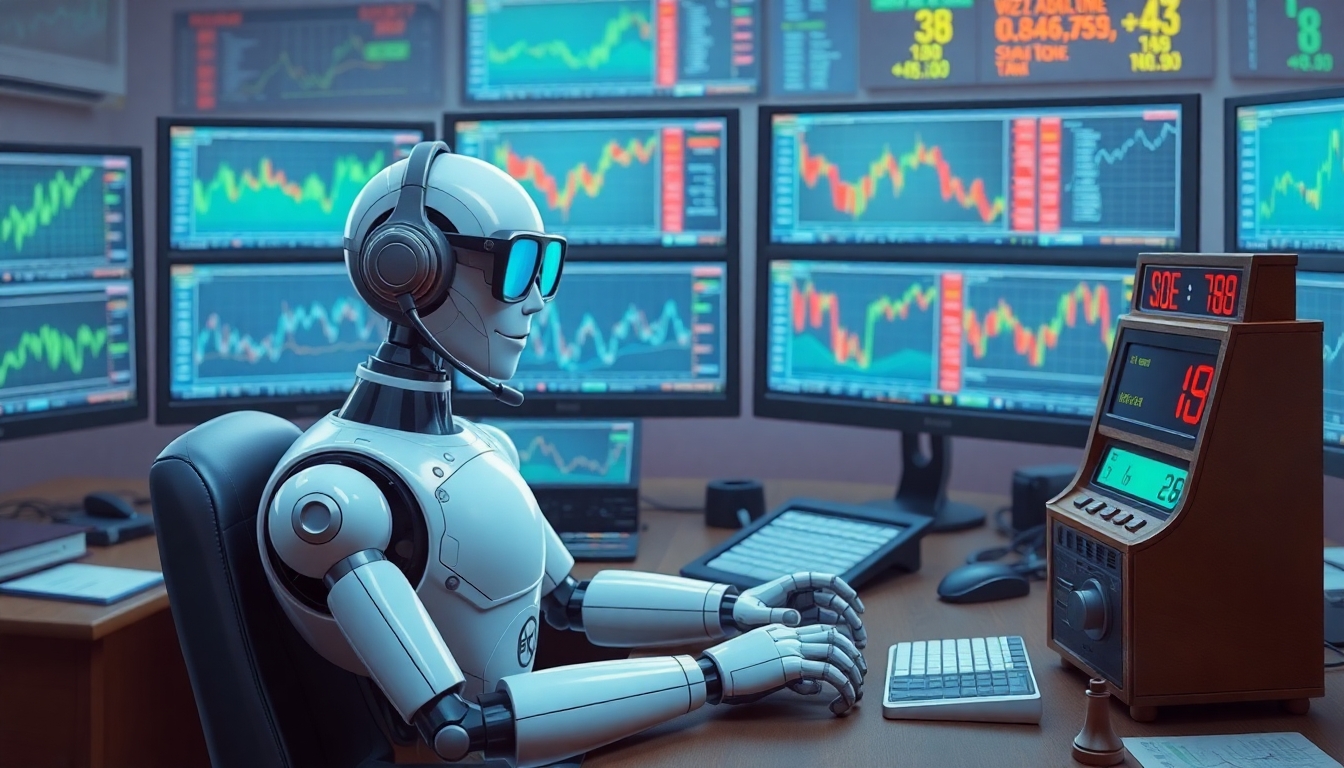 A robot wearing glasses and a telephone headset sitting at a stock trading desk that has multiple monitors showing multiple graphs and an old fashioned stock ticker machine on the side.