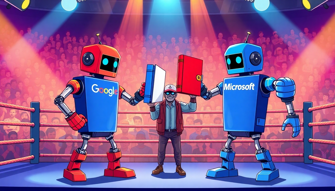 Create a vibrant, eye-catching illustration of two classic Rock'em Sock'em-style robots in a boxing ring. One robot is wearing a Google-branded T-shirt, and the other is wearing a Microsoft-branded T-shirt. Instead of boxing with their fists, each robot is wielding a large, notebook binder as a playful weapon. The Google robot has a blue binder, the Microsoft robot has a red binder. The scene is being refereed by a third robot, styled in a neutral metallic color, wearing a baseball cap with the Perplexity.ai logo clearly visible. The atmosphere is energetic and fun, with the boxing ring set under bright lights and a lively, tech-inspired audience in the background. The overall style should be polished, modern, and suitable for use in a professional technology blog or publication. Avoid using any copyrighted logos; use suggestive branding (such as color schemes and general design elements) to represent Google, Microsoft, and Perplexity.ai.