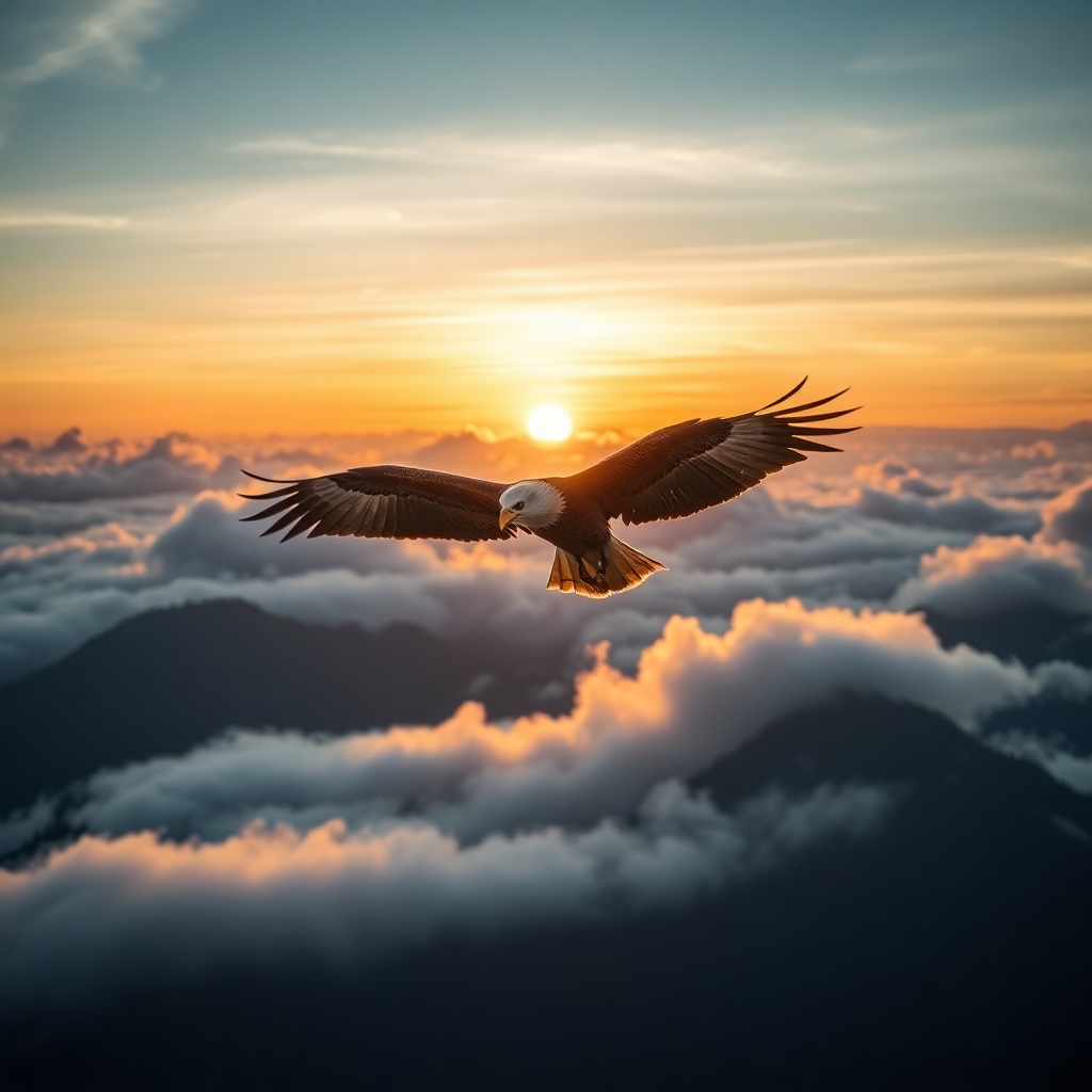 P eagle flying over high mountains with clouds in background and sunset lighting