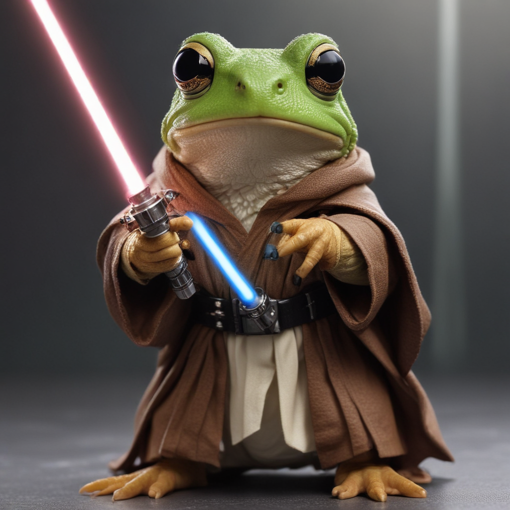 a jedi frog holding a light saber
