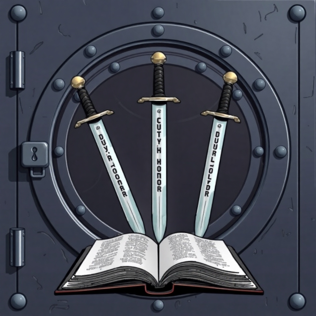 A lage sealed steel door locked with a large sigil featuring three upside down swords in front of an open book. Upon the hilt of each sword is written the words: Duty, Honor, Loyalty. Each in a different order. The art style should be comic style.