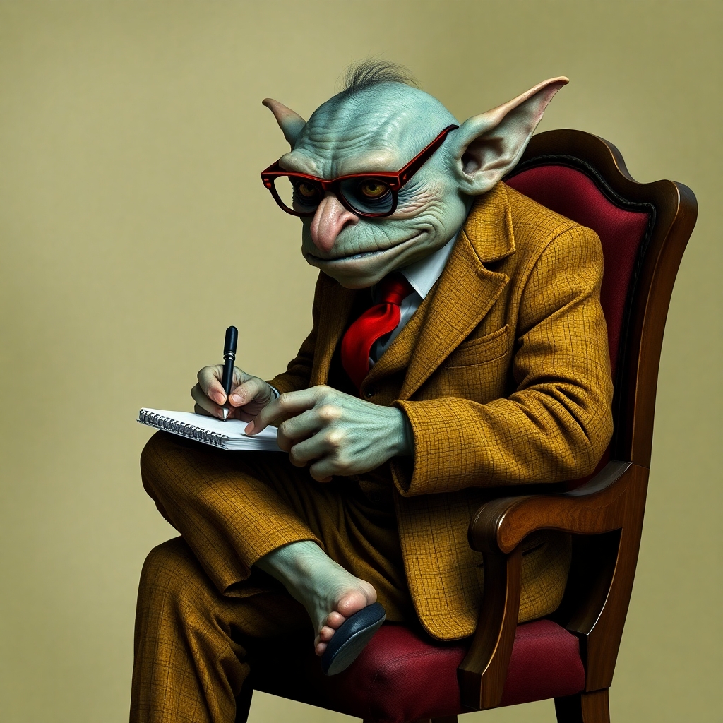 An ugly, warty goblin wearing a dapper mustard-coloured tweed suit, red tie and tortoiseshell glasses sitting on a chair with one leg crossed over the other, taking notes on a spiral notepad