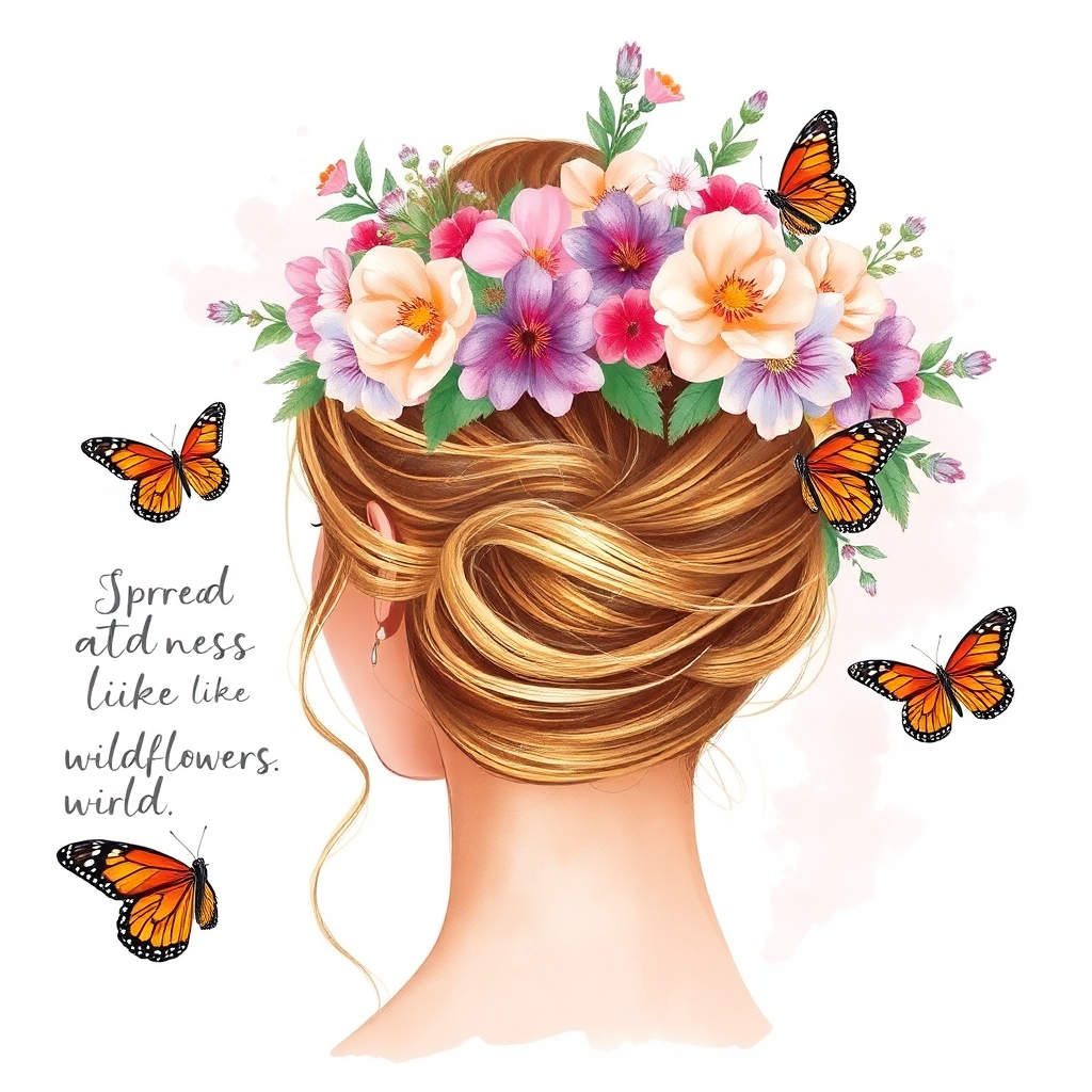 A dreamy and elegant illustration of a woman seen from behind, with her hair styled in a soft bun wrapped in golden strands. Her hair is adorned with a lush crown of blooming wildflowers in shades of blush pink, lavender, plum, and peach. Surrounding her are watercolor-style leaves and butterflies, especially bright monarch butterflies fluttering nearby. The overall style is whimsical and feminine, with a soft white background and light pink splashes. Include the handwritten phrase ‘Spread kindness like wildflowers’ flowing along the side of the woman in a delicate script. The artwork combines hand-drawn line work with watercolor textures, perfect for stickers, apparel, or inspirational prints.”