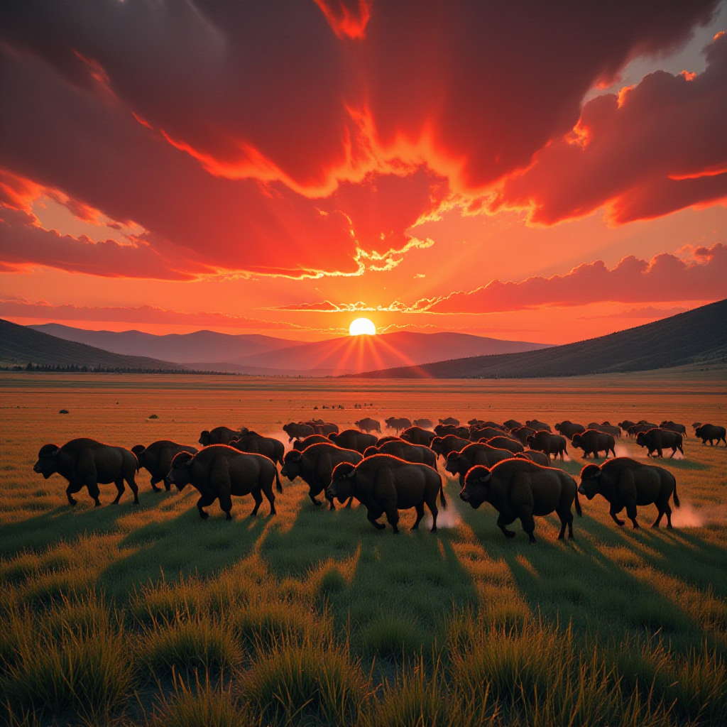 A stampeding herd of buffalo racing across lush green balloons under the crimson visage of the setting sun, while the shadows of moons cast glittering streaks across the horizon.