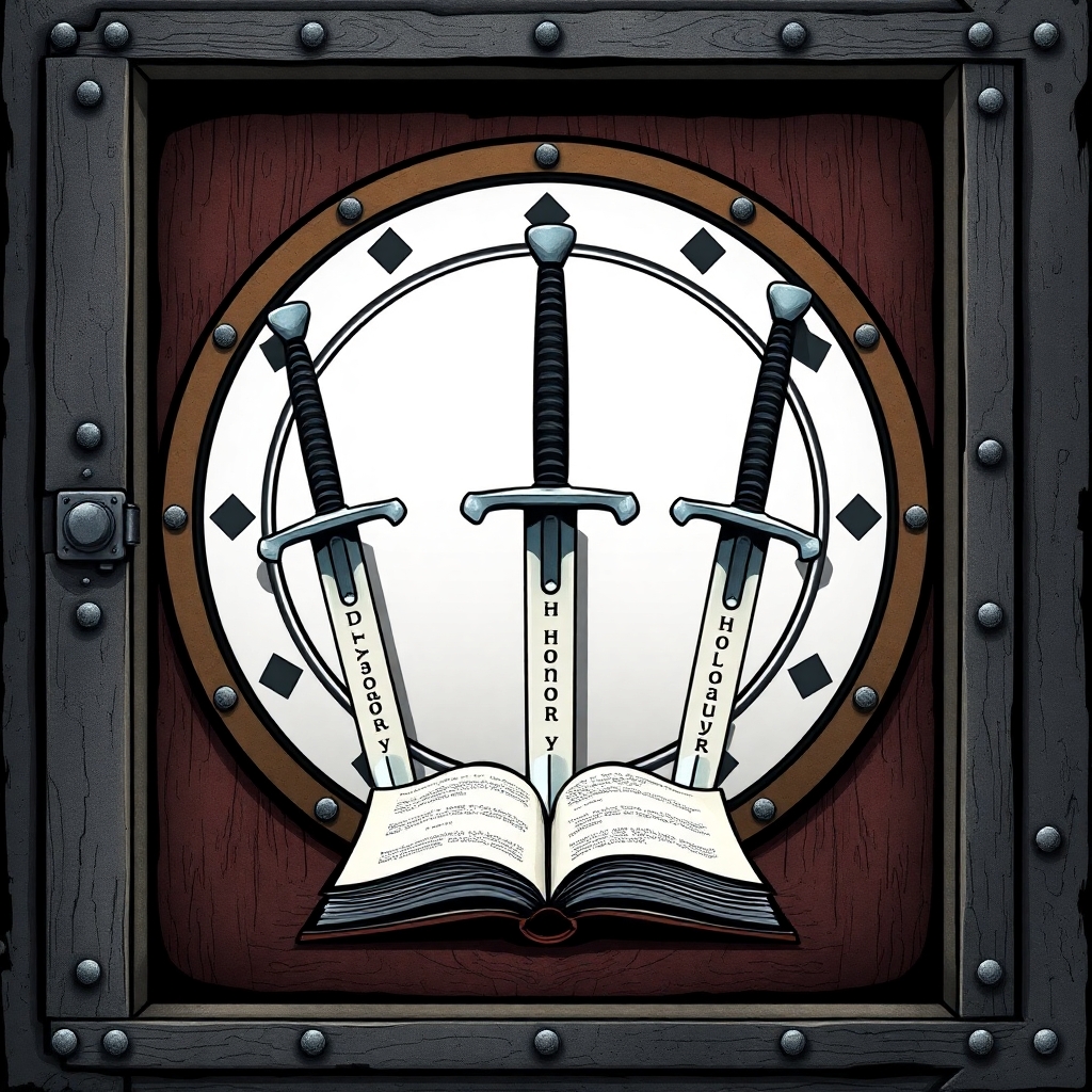 A lage sealed steel door locked with a large sigil featuring three upside down swords in front of an open book. Upon the hilt of each sword is written the words: Duty, Honor, Loyalty. Each in a different order. The art style should be comic style.
