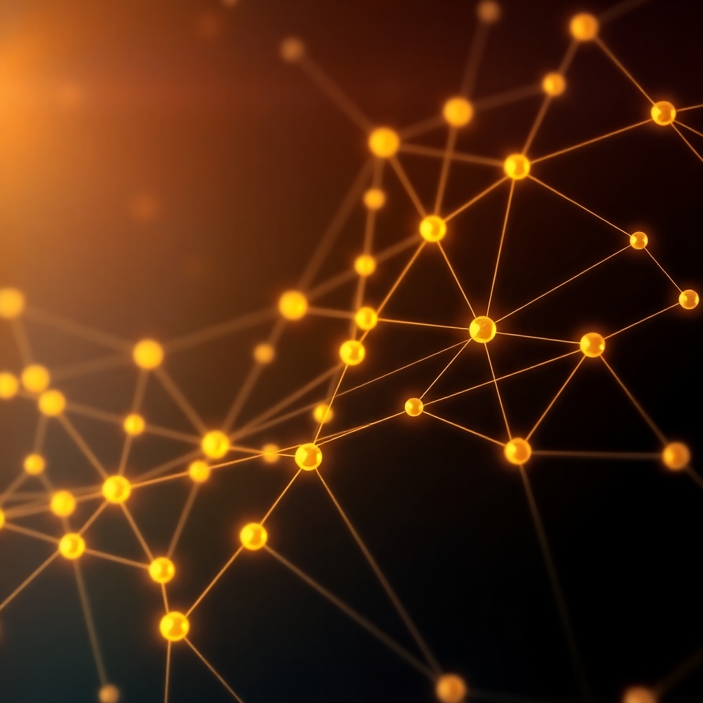 A blockchain network visualization with interconnected golden nodes and glowing lines on a dark background, abstract technology art, cinematic lighting