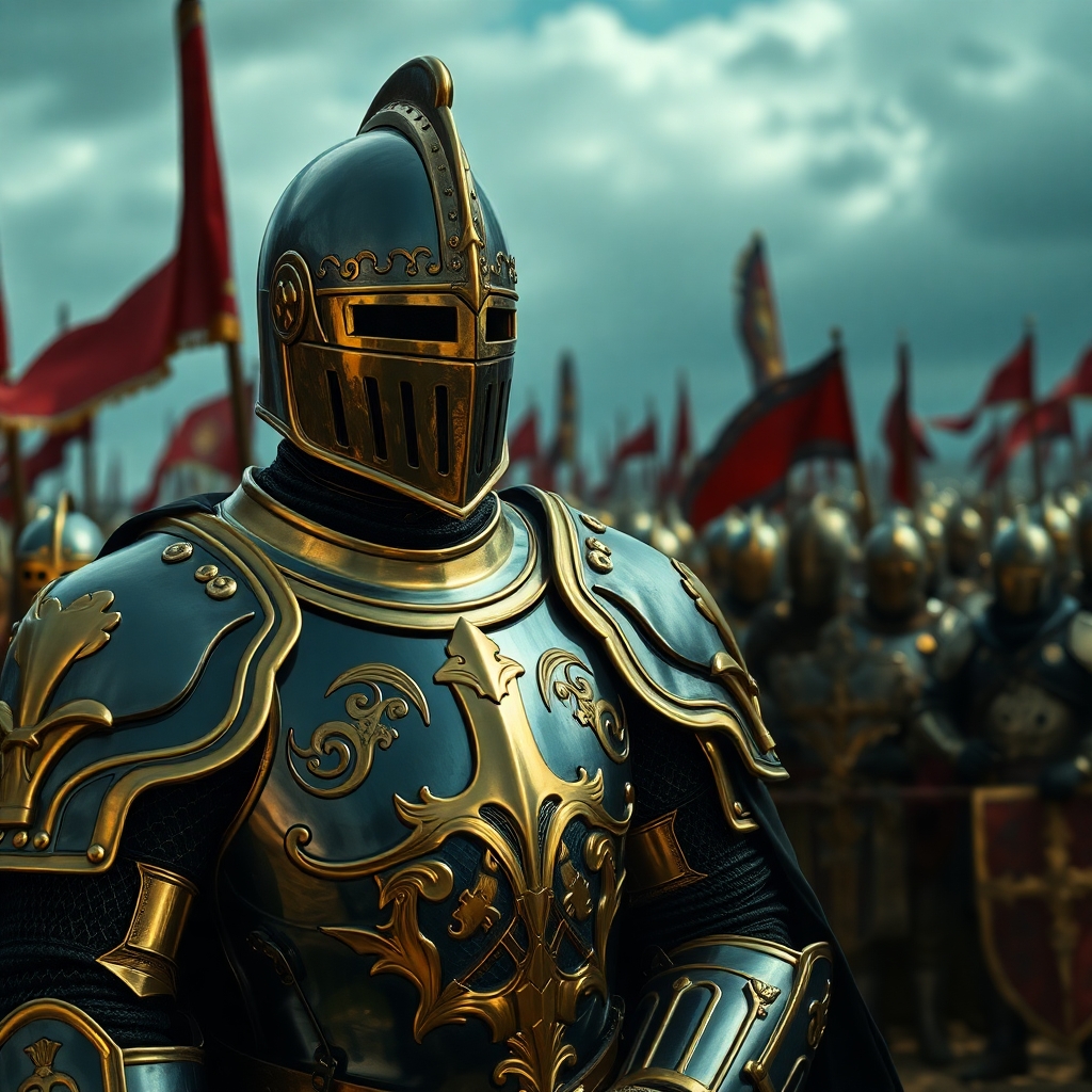 A knight in a suit of shining black and gold armour. Highly detailed. In the background, medieval soldiers are at war. The sky is dark