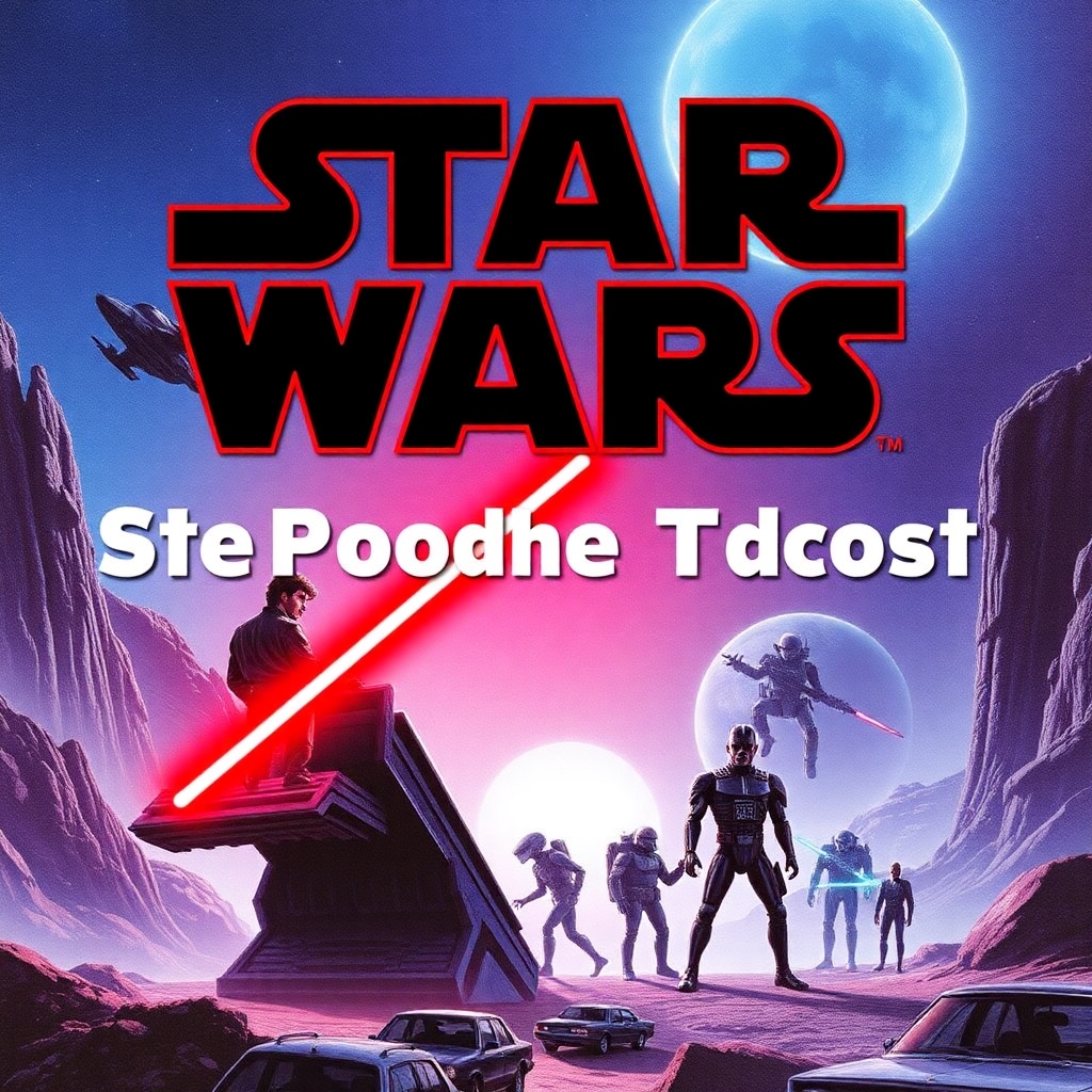 image for podcast episode art evoking Star Wars and, to a lesser degree, other 1970s science fiction movies like The Omega Man, Alien, Westworld, Logan's Run, A Boy and His Dog, Sleeper, etc.