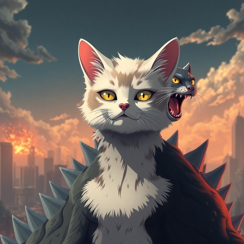 Create a realistic cgi avatar in anime style with American short hair cat on top of godzilla in an Apocalypse world.