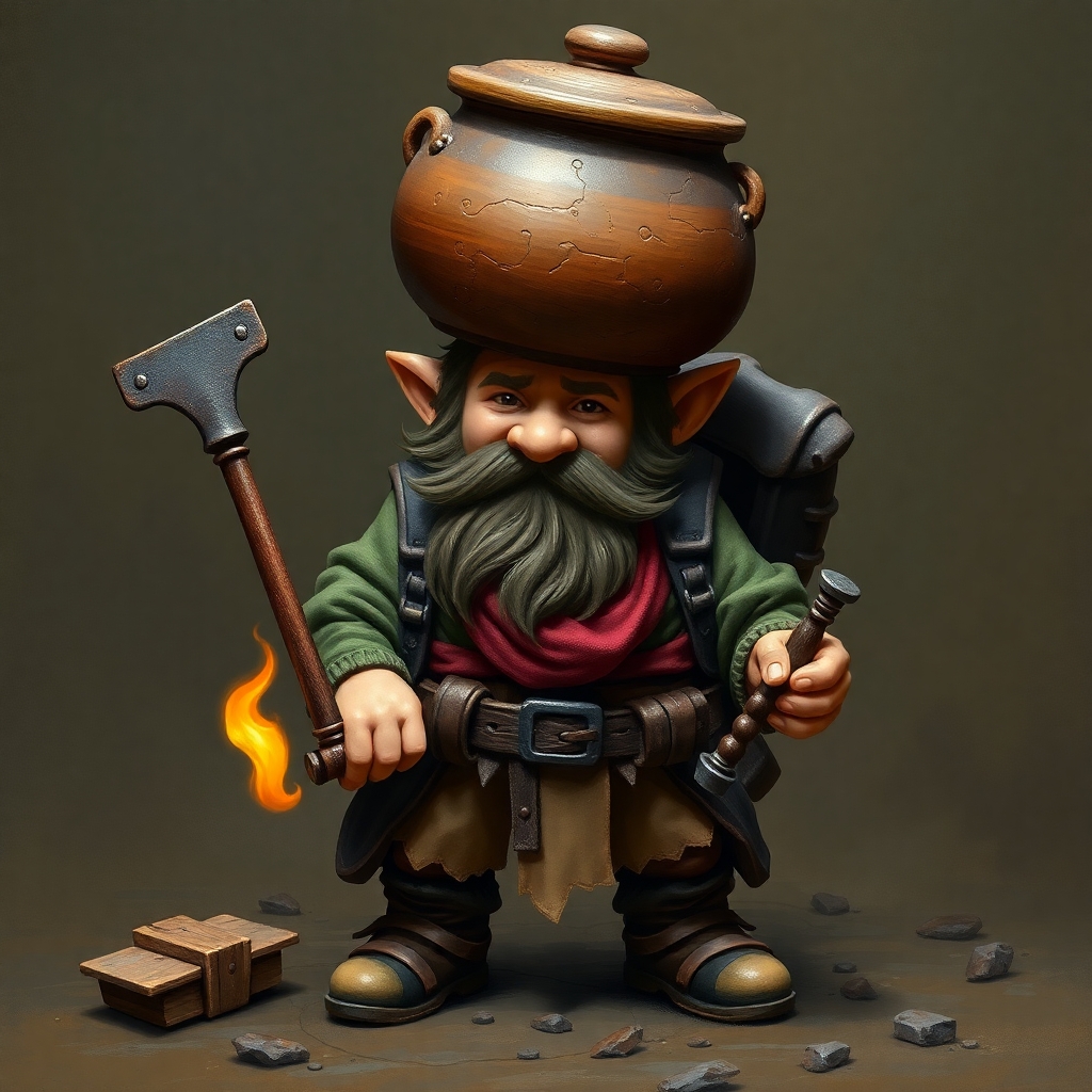 a warhammer halfling with a pot on his head, a ratcatcher's backpack and a branding iron in his hands