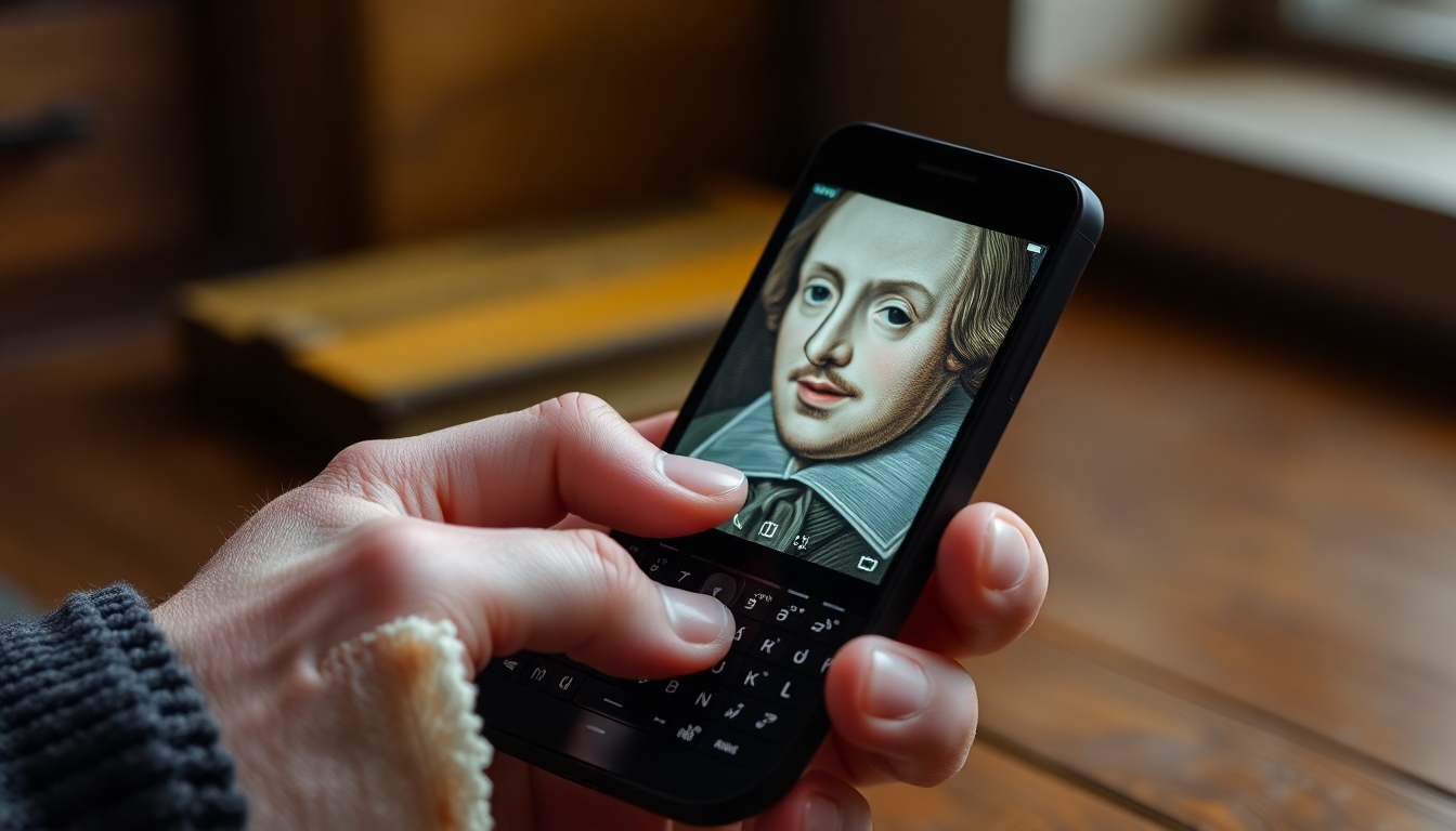 Shakespeare typing an email on an Blackberry