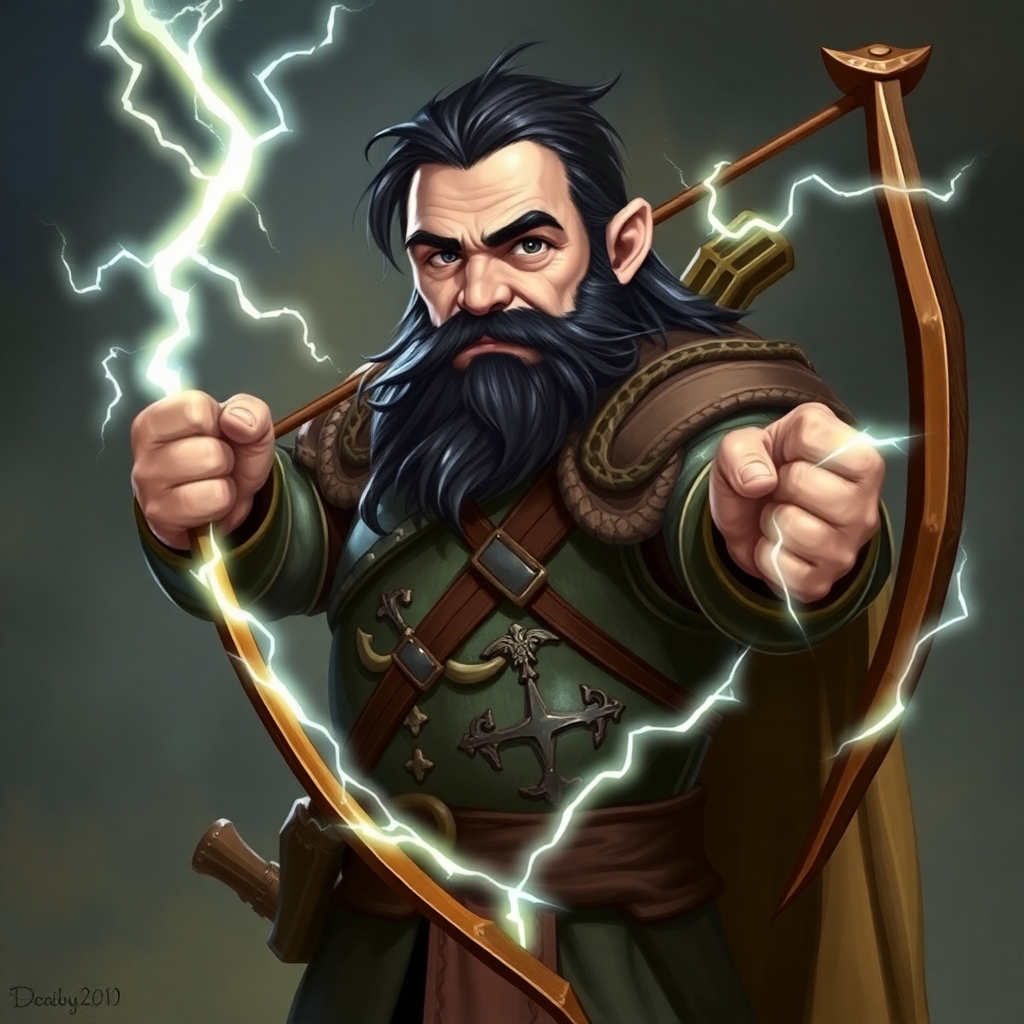 A dungeons and dragons character who is a middle-aged dwarf ranger. He has a wide build, black hair, gray eyes, weilds a magical bow that creates lightning, and wears a mithril breastplate.