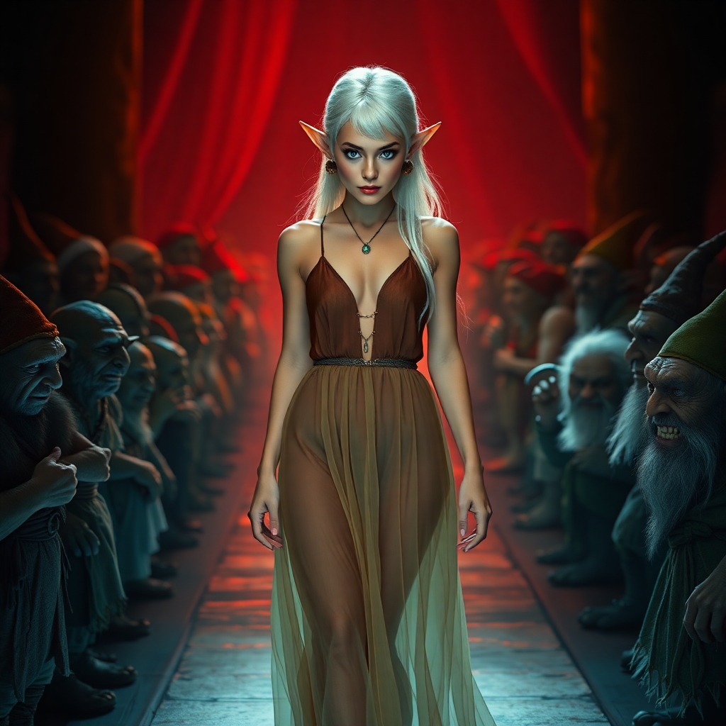 A brightly lit, sexy, female elf model with silver hair, looks 30 years old, confident expression, walks down a narrow catwalk towards the camera wearing a gossamer dress between an audience of goblins, gnomes and trolls in the shadows on both sides