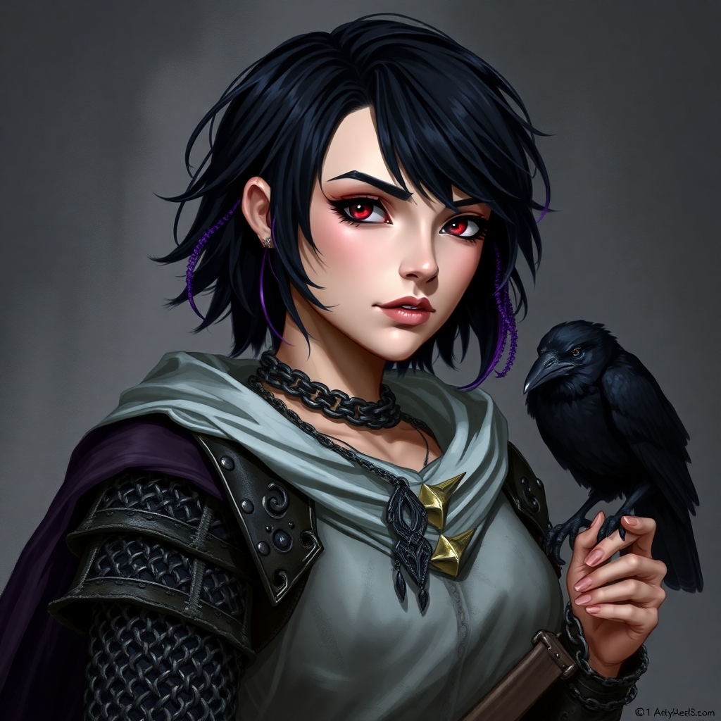 A 5E dnd character who is a half-elf cleric and warlock sworn to the mother of shadows. She wears chain mail, is slightly androgynous, has short black hair with purple streaks, and has a shadowy raven familiar.