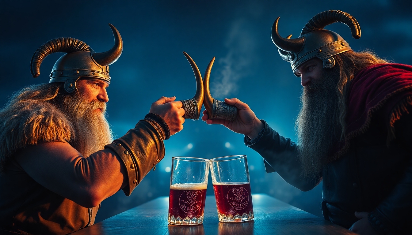 heavy metal Vikings drinking met and salute each other with their drinking horns.
